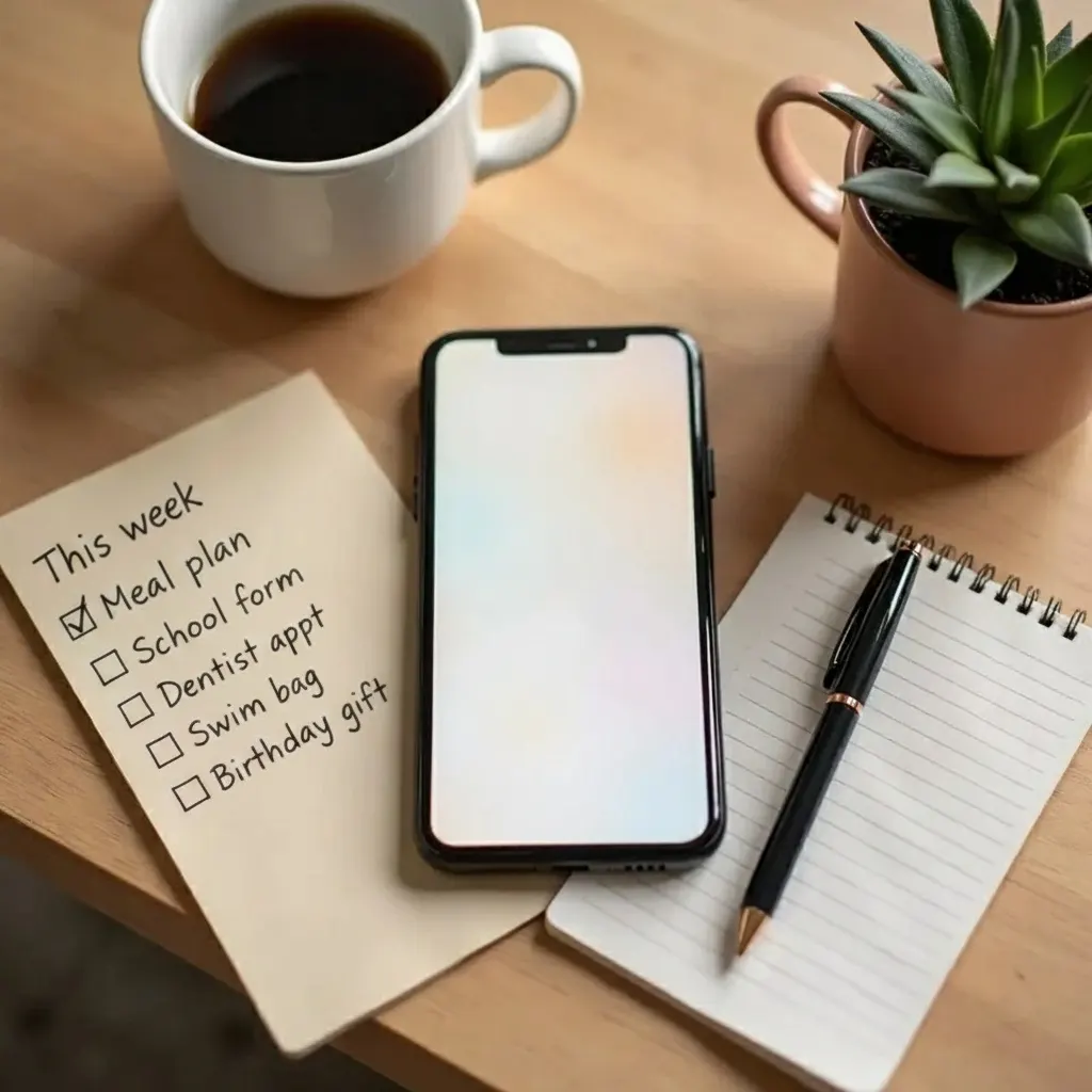 A phone beside a handwritten weekly checklist — meal plan, school form, dentist — and a coffee on a wooden kitchen table