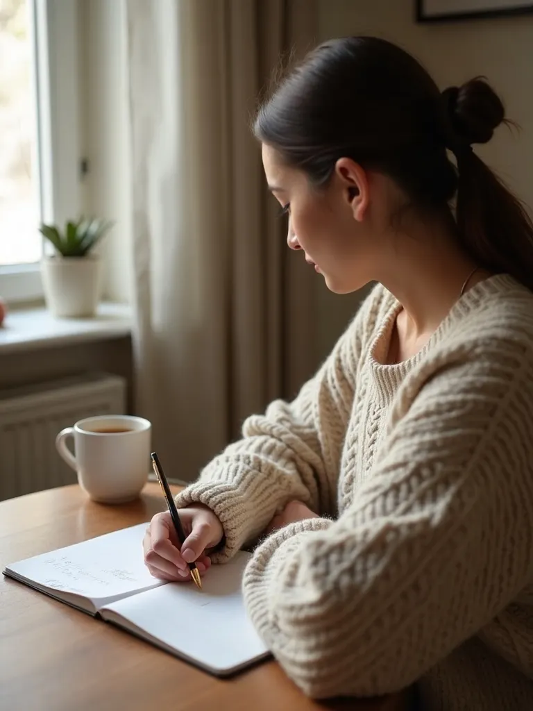 A woman writing a list in a planner at a warm kitchen table by the window
