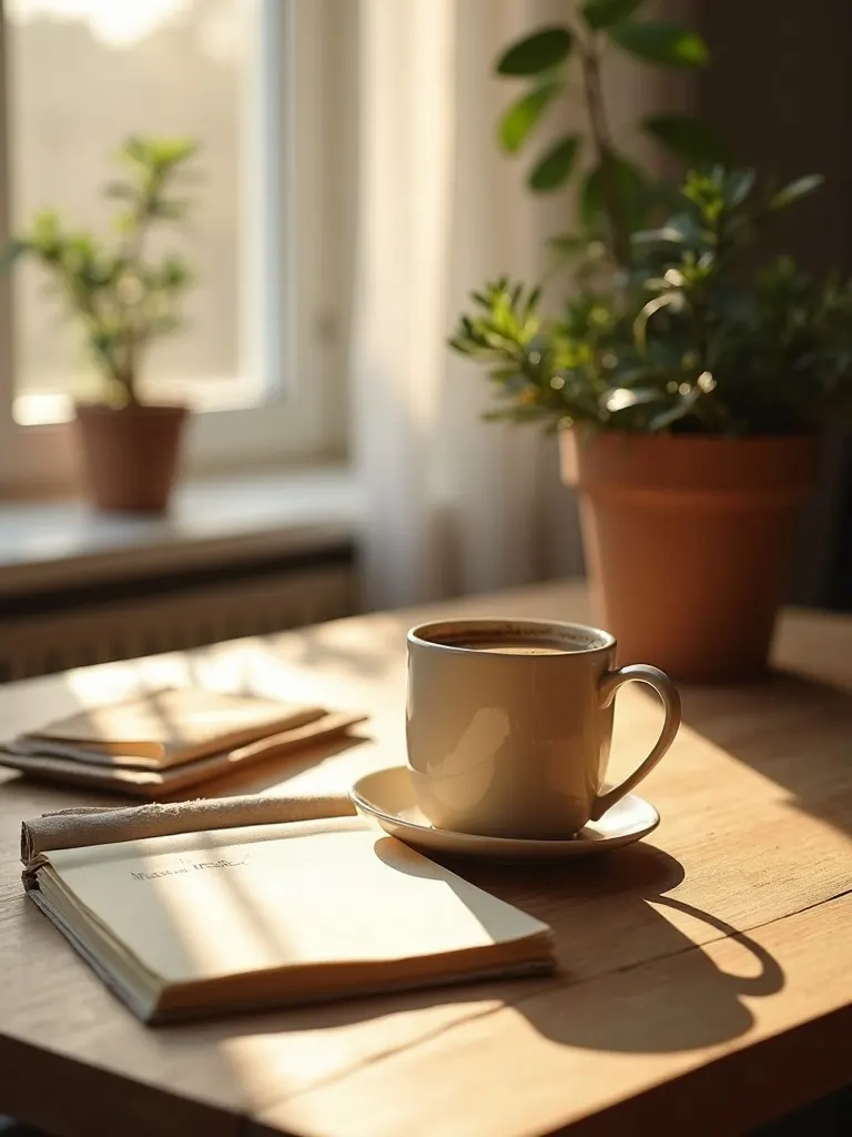 A warm kitchen table in morning light with a cup of coffee, an open notebook, and a small plant