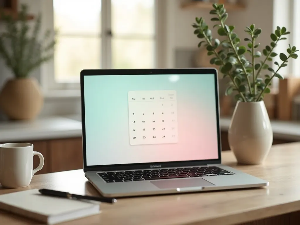 An open laptop next to a notebook and tea on a tidy kitchen counter